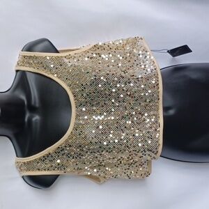 Zaful Gold Sequin crop top, Sheer, Mesh, Sz 8, 21" PTP, 14" L